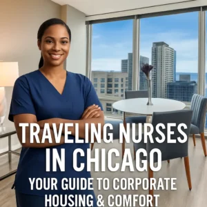 Traveling nurse in a Chicago furnished corporate apartment with skyline view