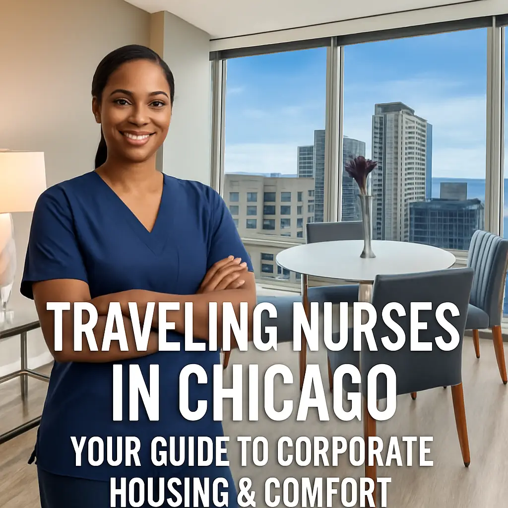 Traveling nurse in a Chicago furnished corporate apartment with skyline view