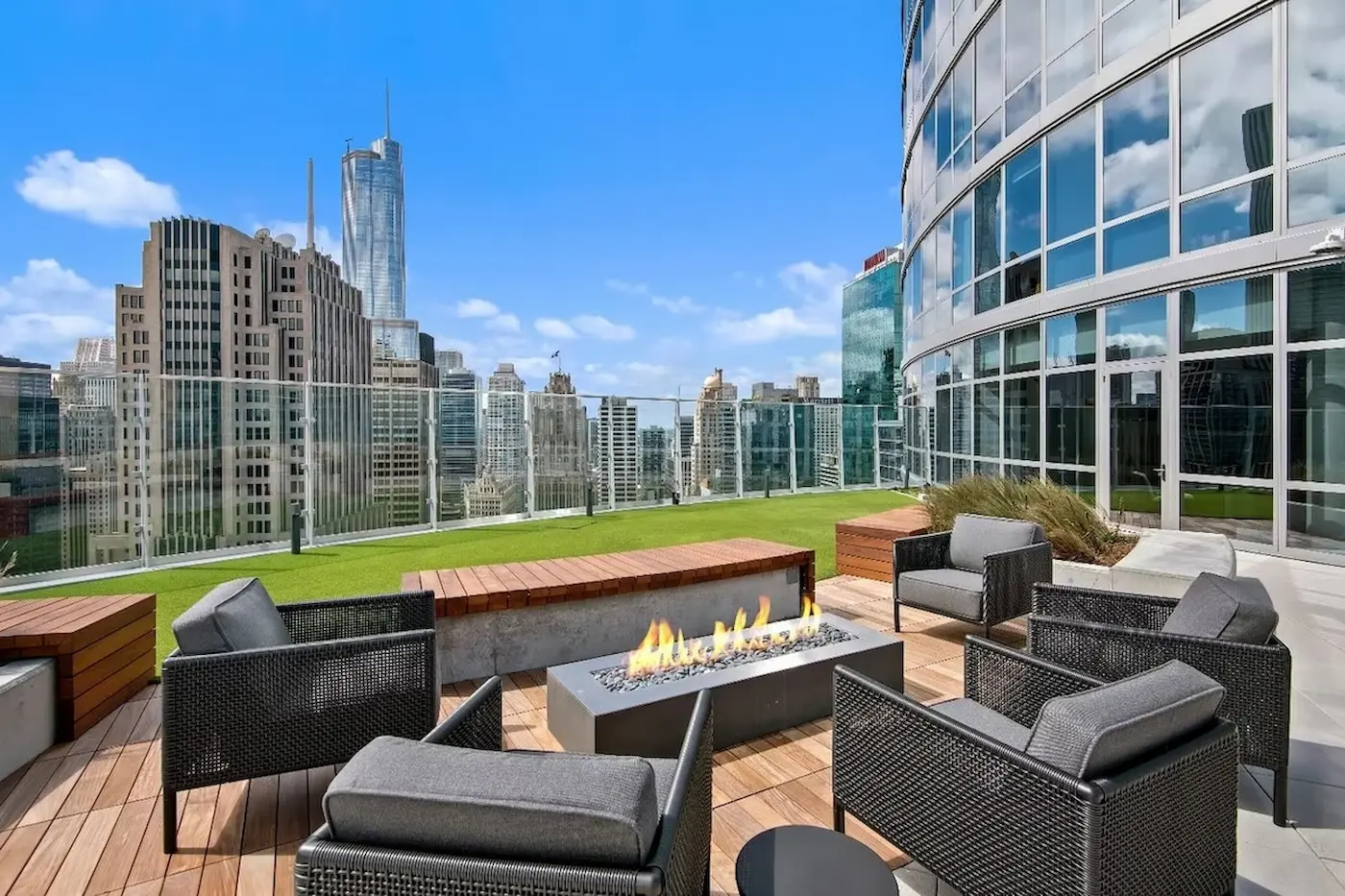 Group of professionals enjoying a luxury furnished corporate apartment in Downtown Chicago.