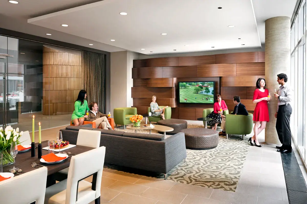 Group of professionals enjoying a luxury furnished corporate apartment in Downtown Chicago.