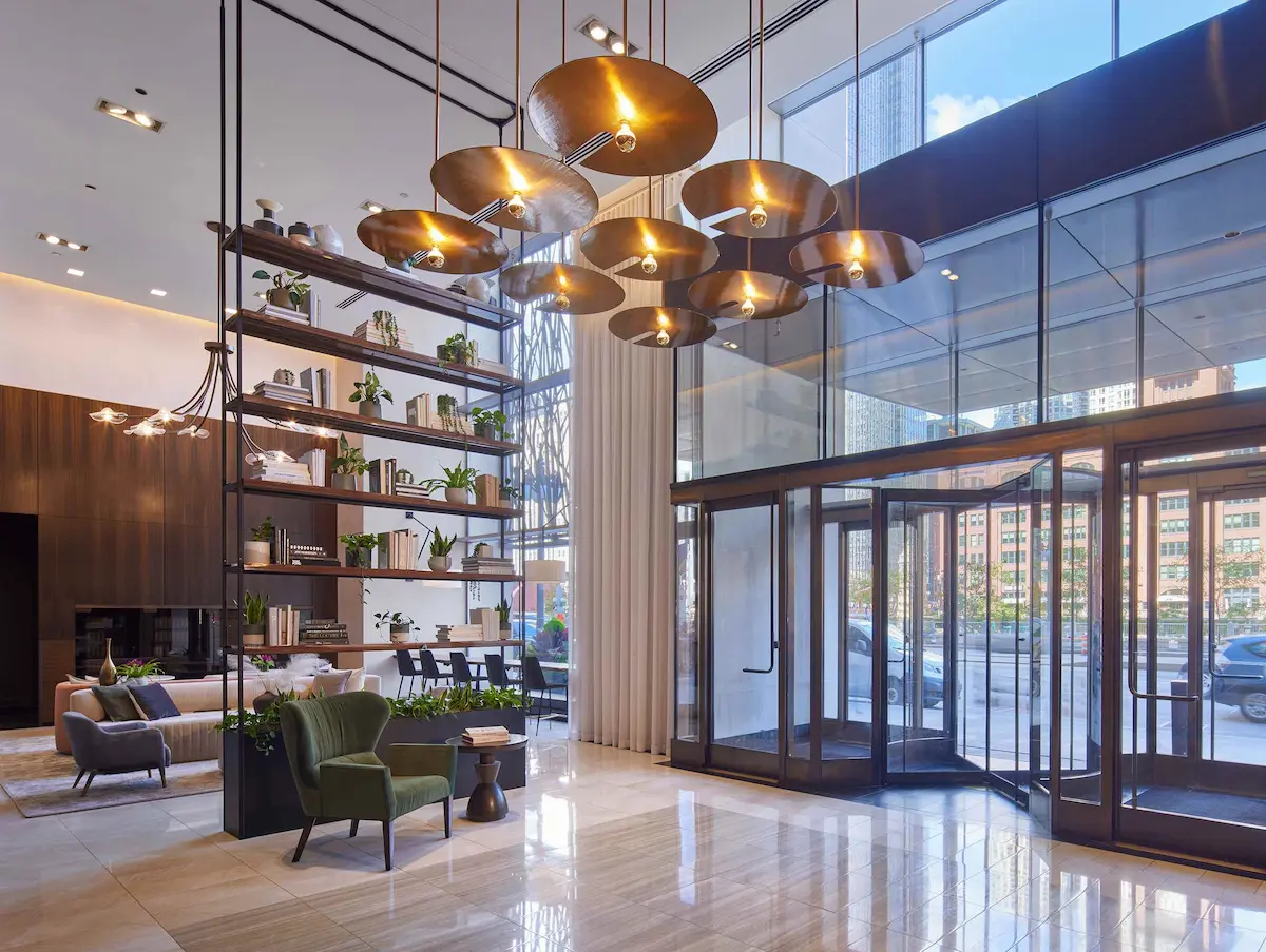 Group of professionals enjoying a luxury furnished corporate apartment in Downtown Chicago.