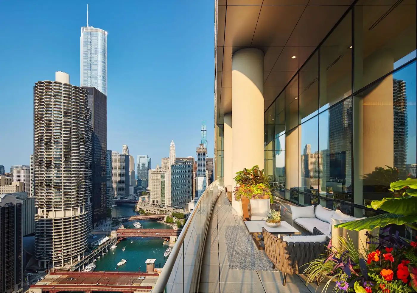 Group of professionals enjoying a luxury furnished corporate apartment in Downtown Chicago.