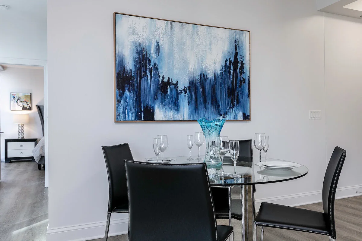 Group of professionals enjoying a luxury furnished corporate apartment in Downtown Chicago.