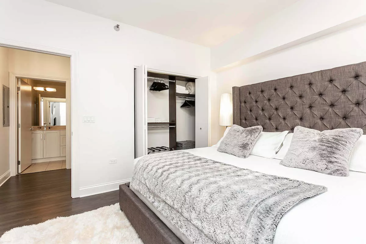 Group of professionals enjoying a luxury furnished corporate apartment in Downtown Chicago.