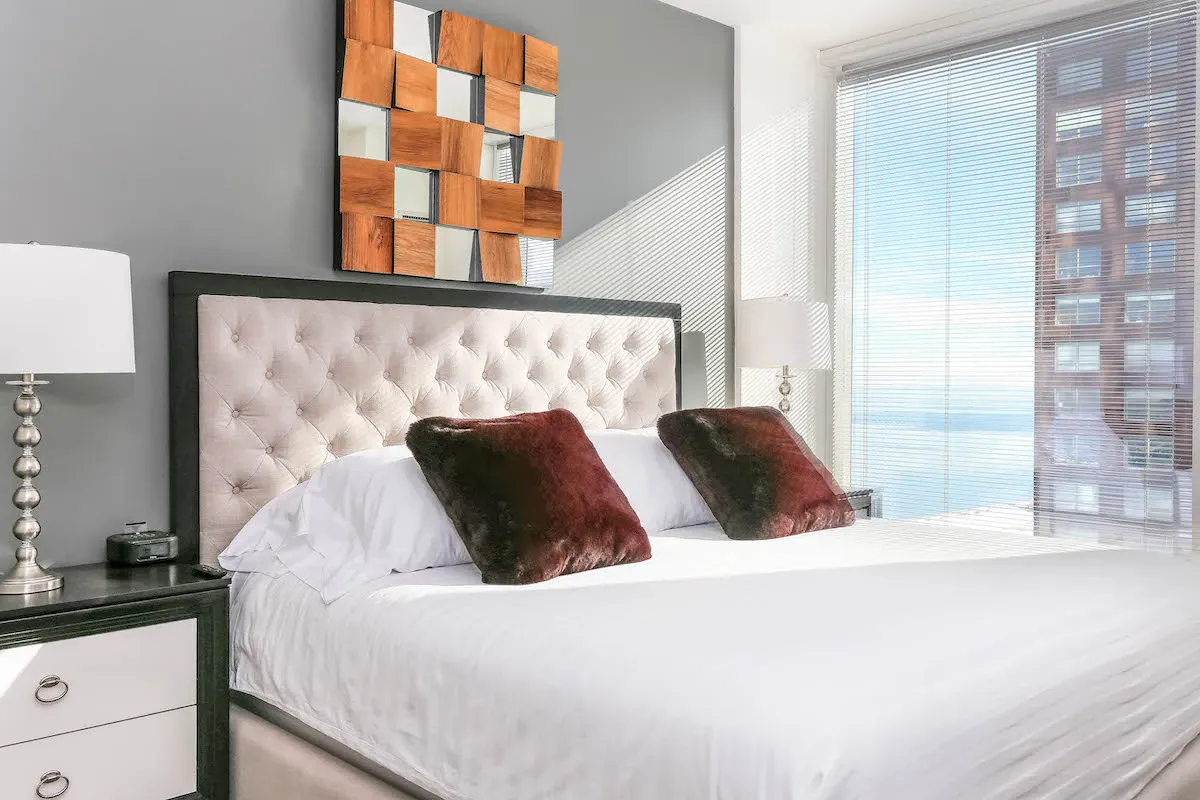 Group of professionals enjoying a luxury furnished corporate apartment in Downtown Chicago.