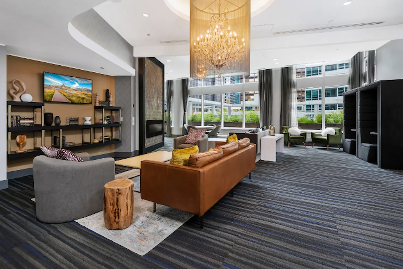 Group of professionals enjoying a luxury furnished corporate apartment in Downtown Chicago.