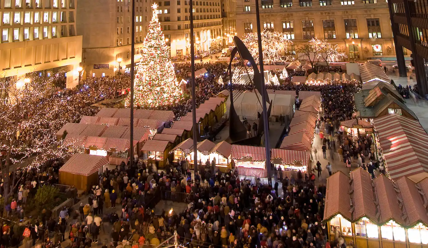 Christkindlmarket Chicago at Daley Plaza with festive holiday stalls