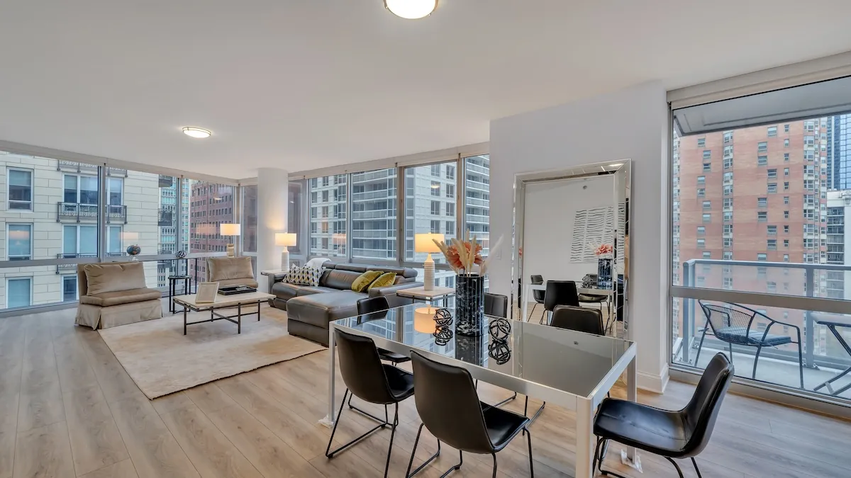 Modern furnished apartment interior with cozy decor and personalized touches for a comfortable temporary living experience.