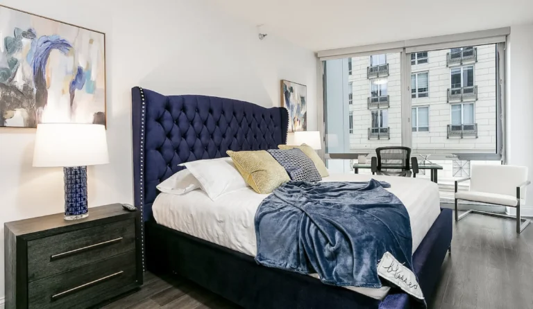 Corporate apartment in Chicago with furnished bedroom.