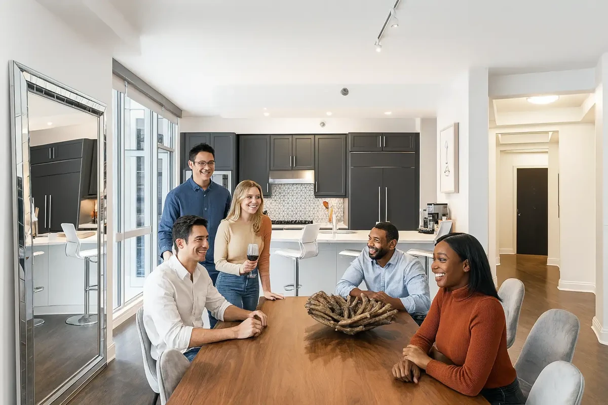Group of professionals enjoying a luxury furnished corporate apartment in Downtown Chicago.