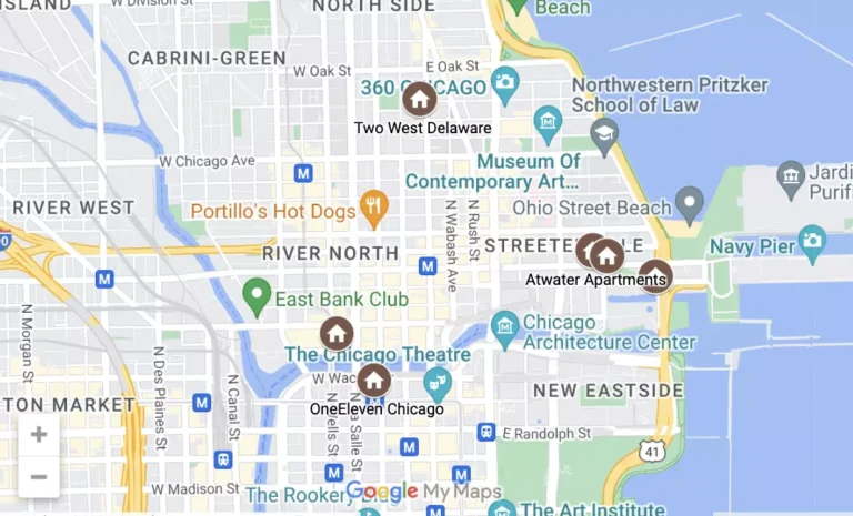 View of Chicago neighborhoods Map ideal for corporate stays, including River North and Streeterville.