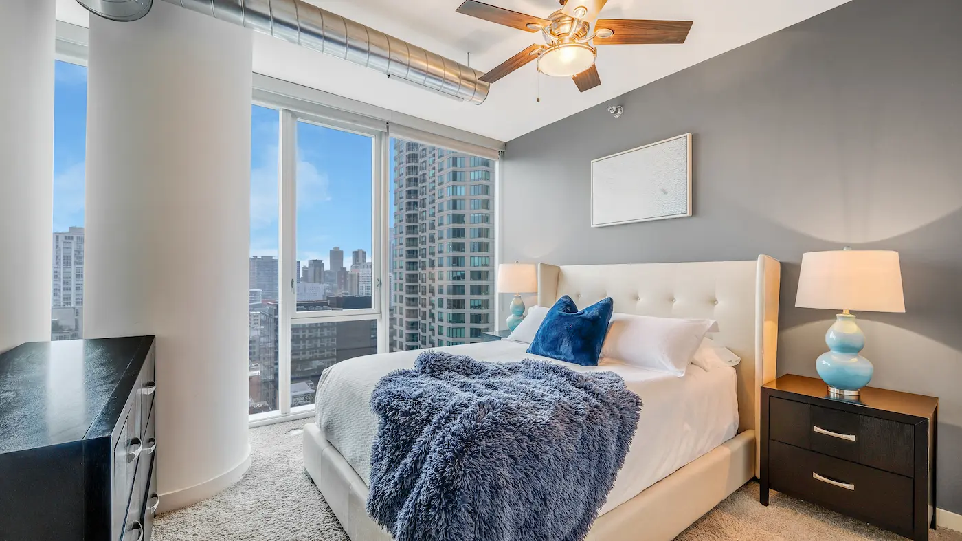 Group of professionals enjoying a luxury furnished corporate apartment in Downtown Chicago.