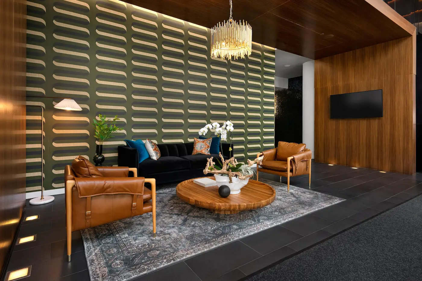 Group of professionals enjoying a luxury furnished corporate apartment in Downtown Chicago.