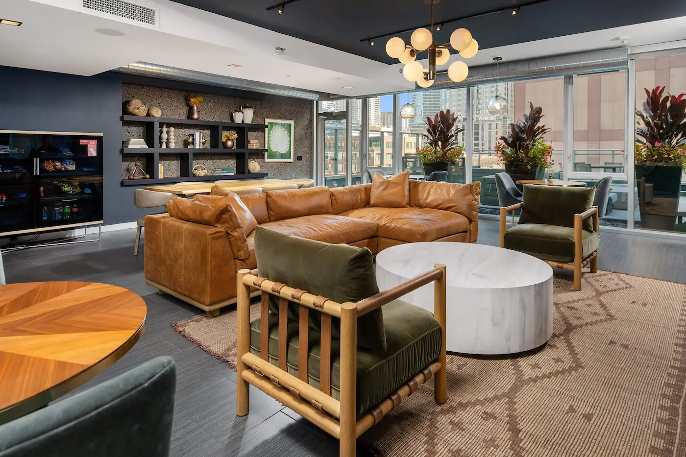 Group of professionals enjoying a luxury furnished corporate apartment in Downtown Chicago.