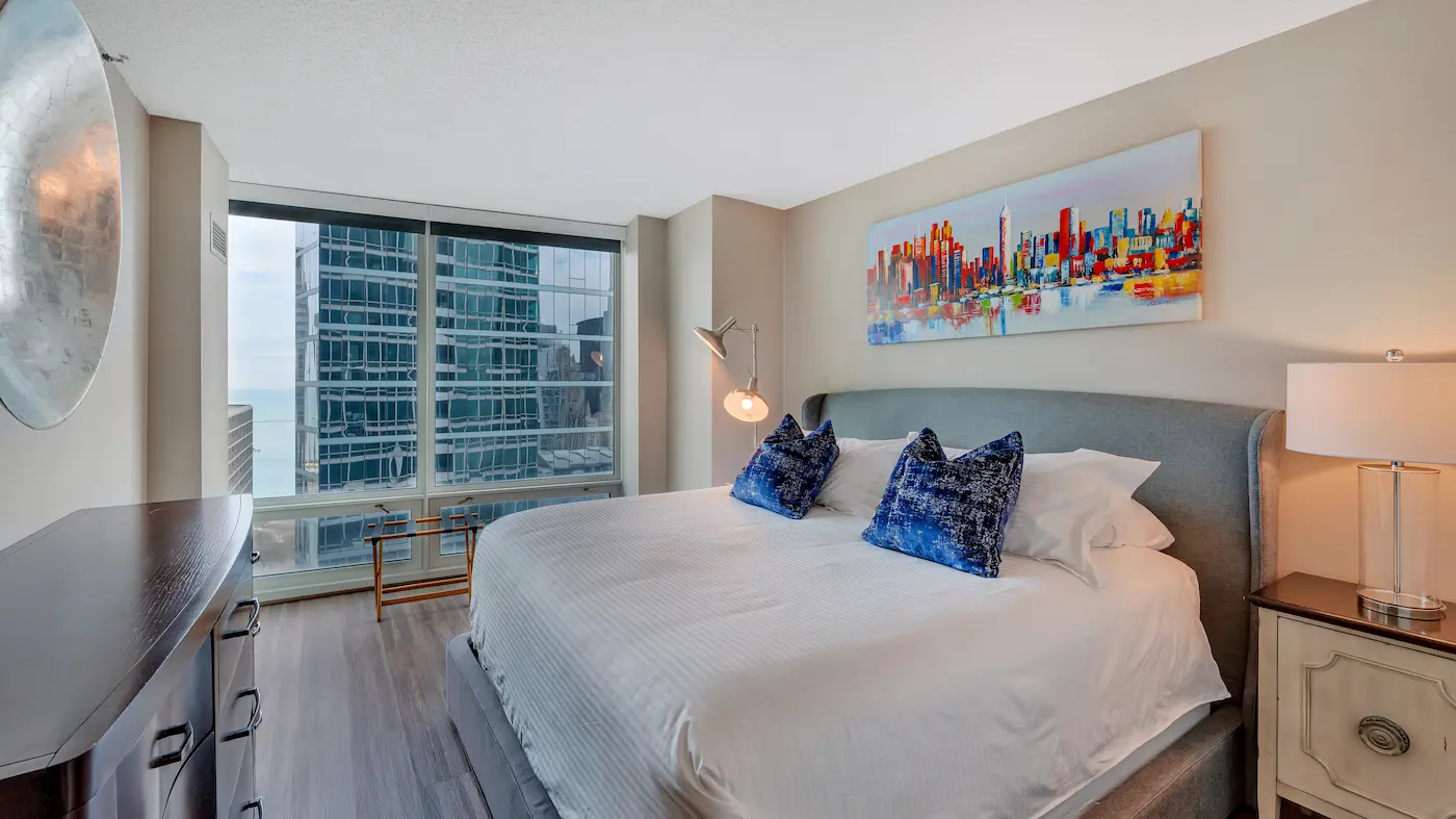 Group of professionals enjoying a luxury furnished corporate apartment in Downtown Chicago.