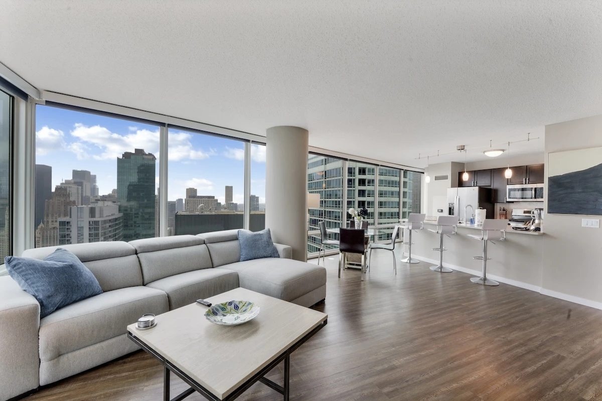 Luxury furnished apartment near Shirley Ryan AbilityLab with modern interior and Chicago skyline views