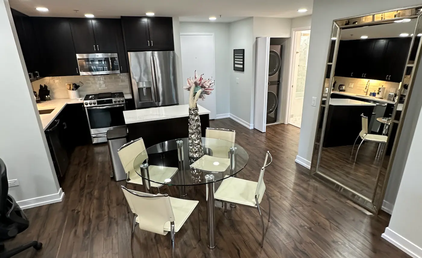 Fully furnished corporate housing apartment designed for business travelers