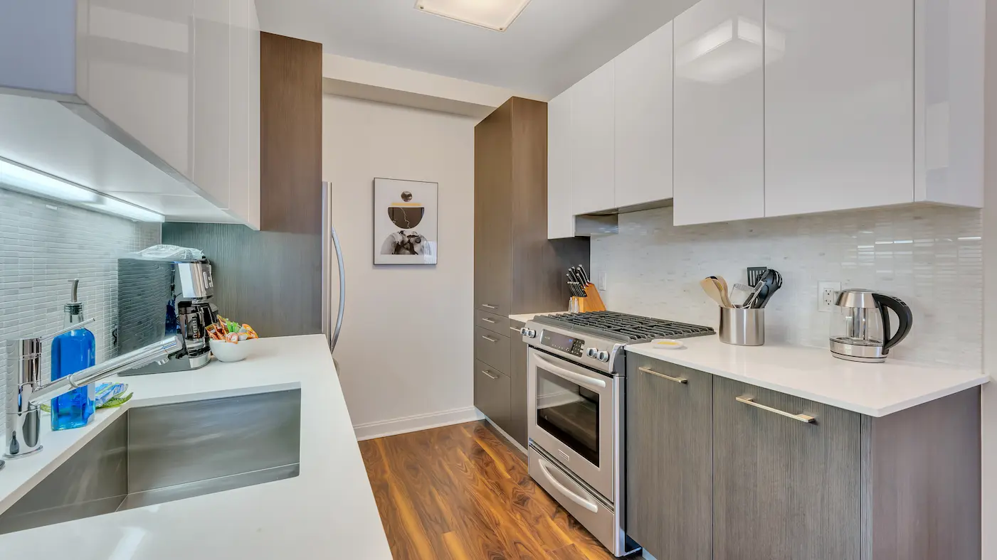 Group of professionals enjoying a luxury furnished corporate apartment in Downtown Chicago.