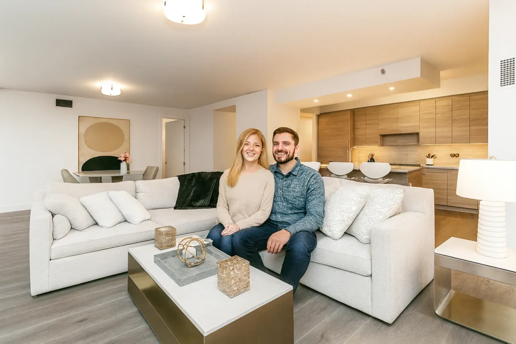 Luxury three-bedroom apartment interior in Chicago with modern open-concept living room, high-end finishes, and designer furniture.