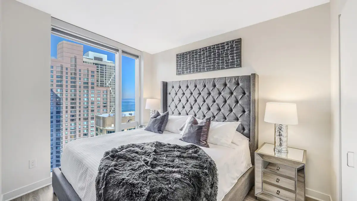 Group of professionals enjoying a luxury furnished corporate apartment in Downtown Chicago.