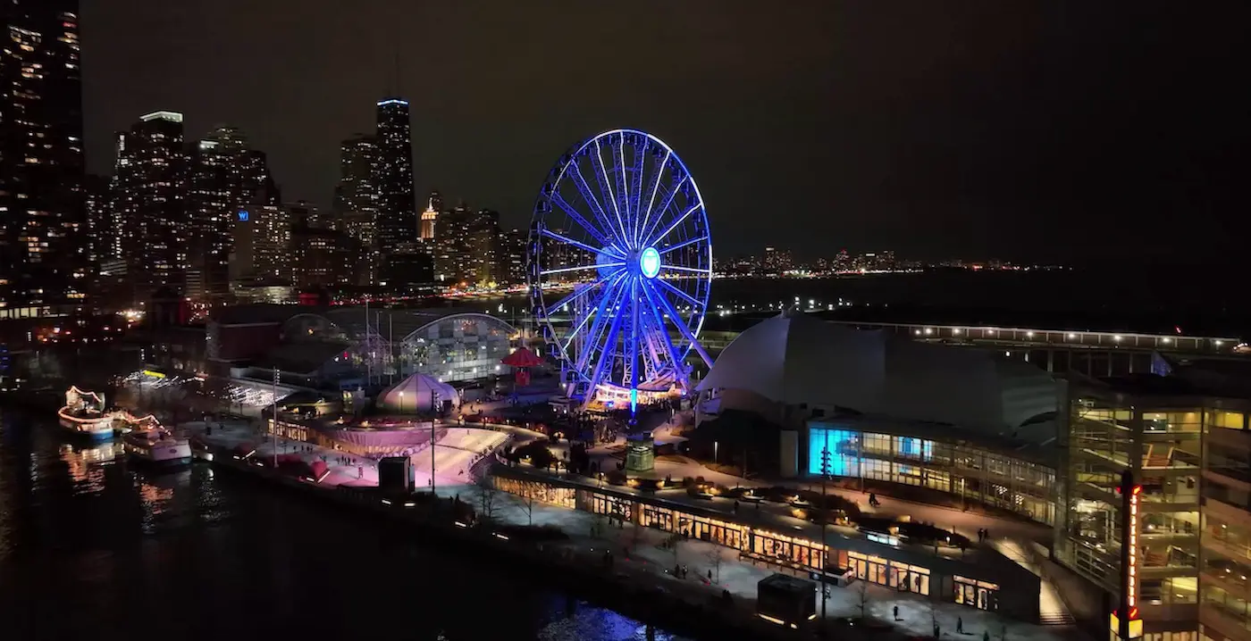 Navy Pier Chicago with Ferris wheel and Lake Michigan skyline