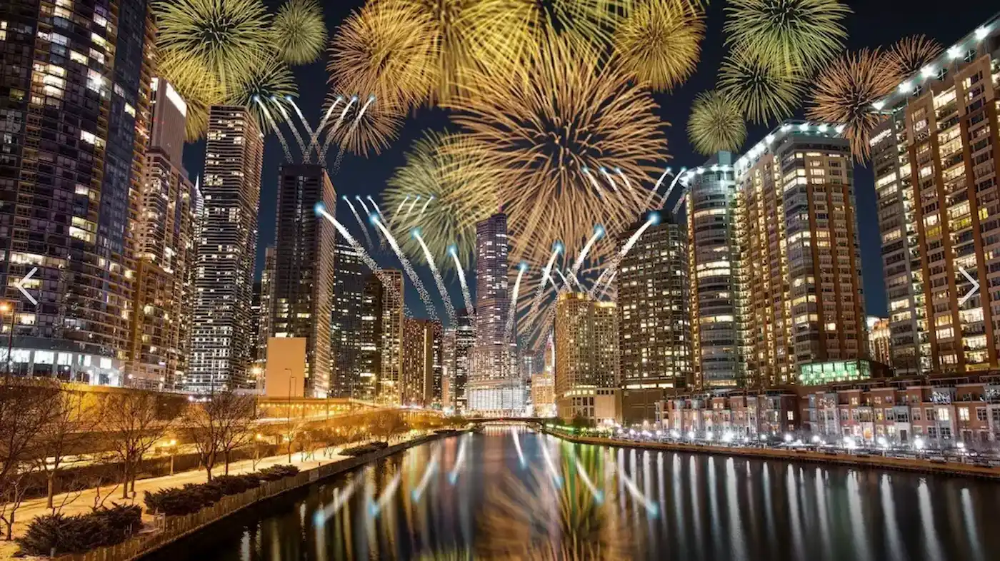 New Year’s Eve fireworks over the Chicago River and skyline
