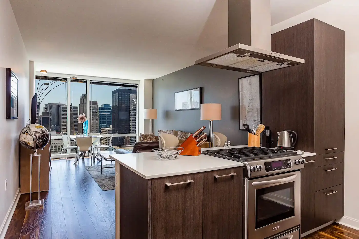 Group of professionals enjoying a luxury furnished corporate apartment in Downtown Chicago.