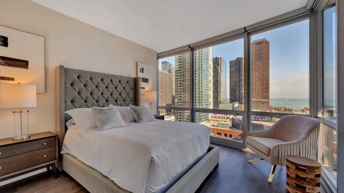 Group of professionals enjoying a luxury furnished corporate apartment in Downtown Chicago.