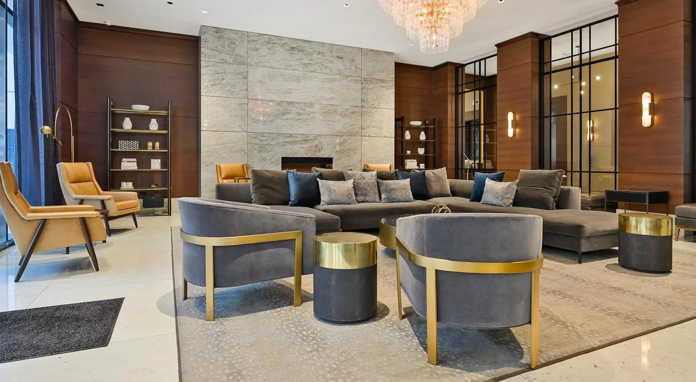 Group of professionals enjoying a luxury furnished corporate apartment in Downtown Chicago.