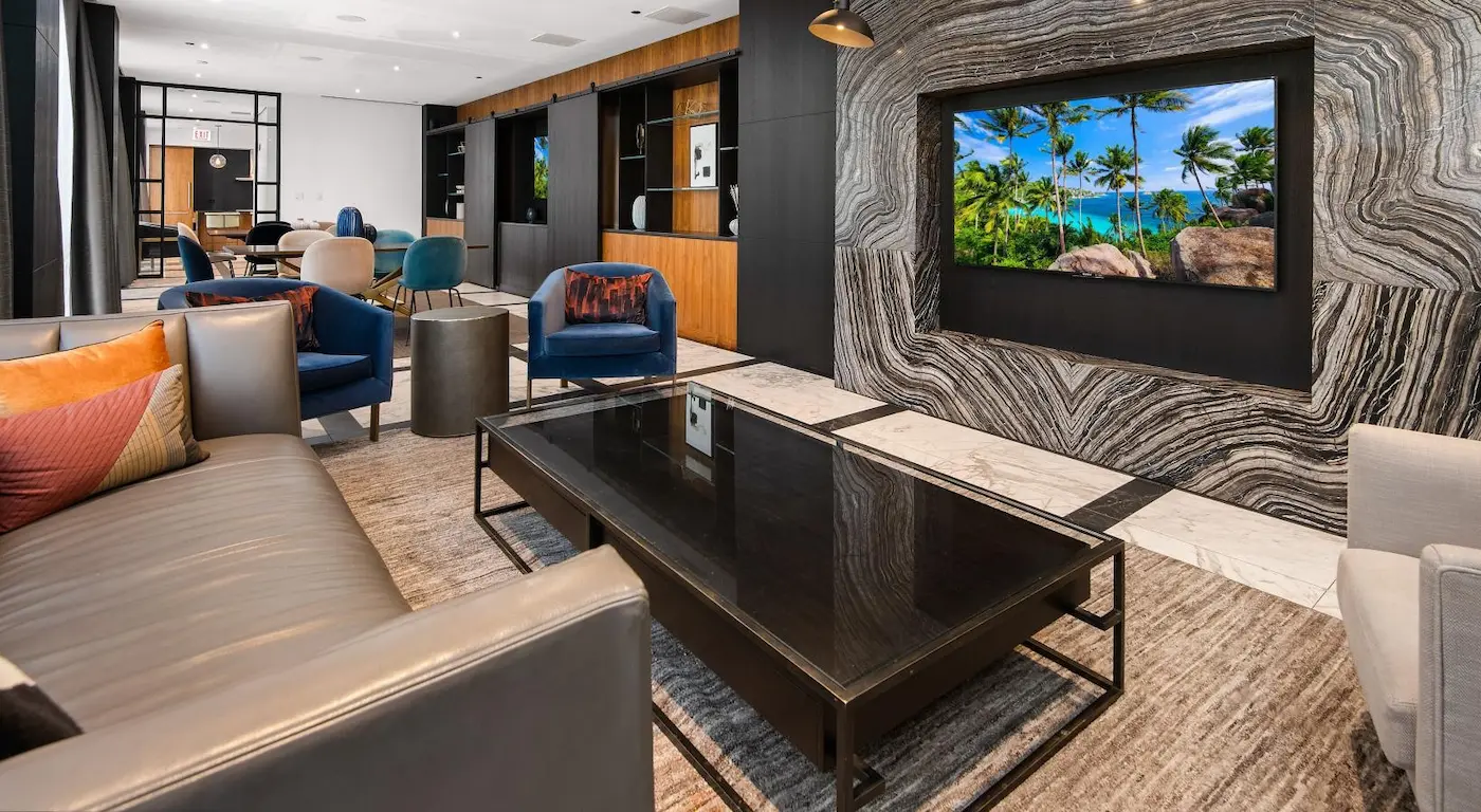 Group of professionals enjoying a luxury furnished corporate apartment in Downtown Chicago.