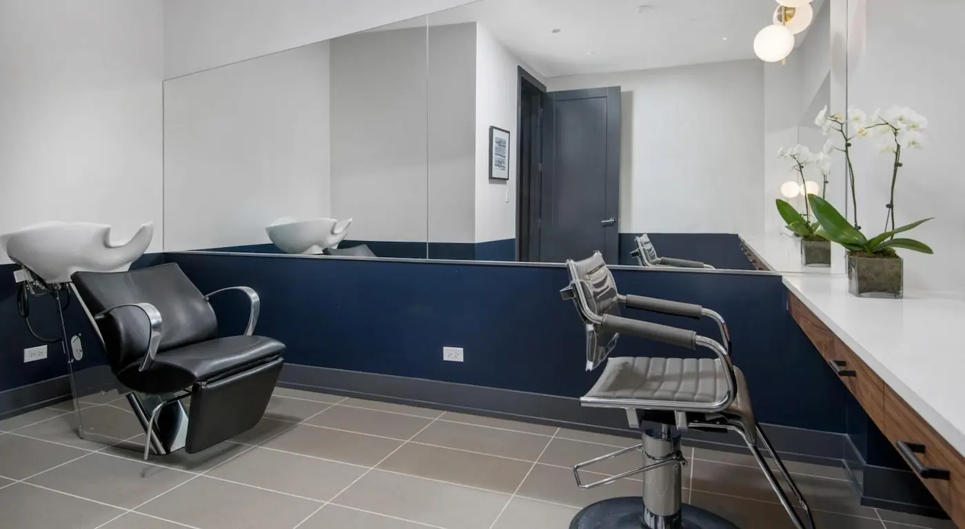 Group of professionals enjoying a luxury furnished corporate apartment in Downtown Chicago.