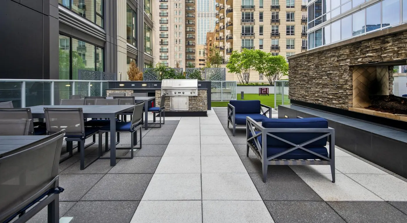 Group of professionals enjoying a luxury furnished corporate apartment in Downtown Chicago.