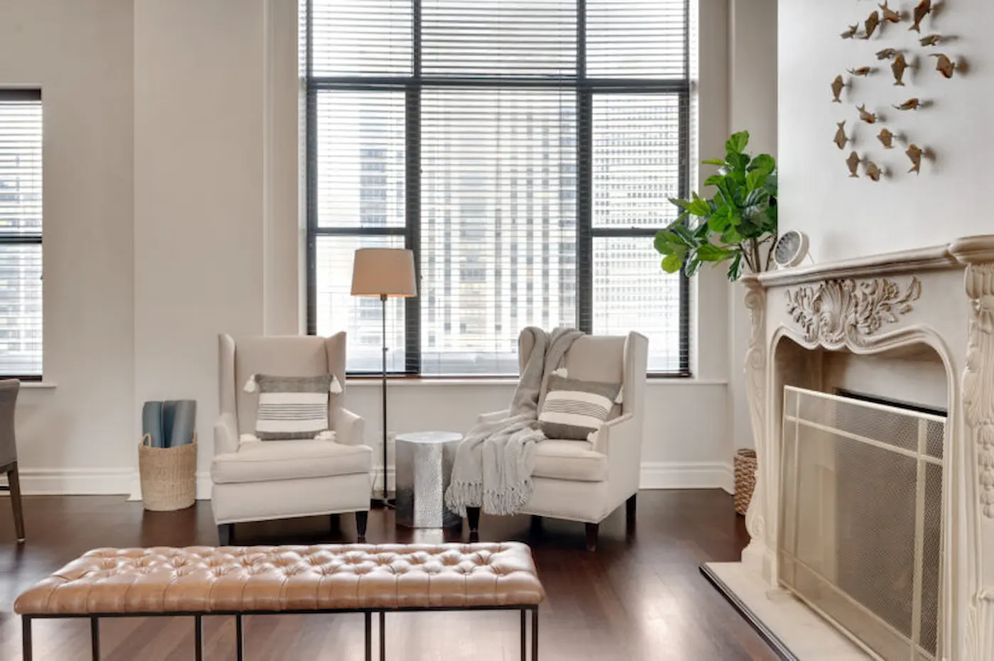 Group of professionals enjoying a luxury furnished corporate apartment in Downtown Chicago.