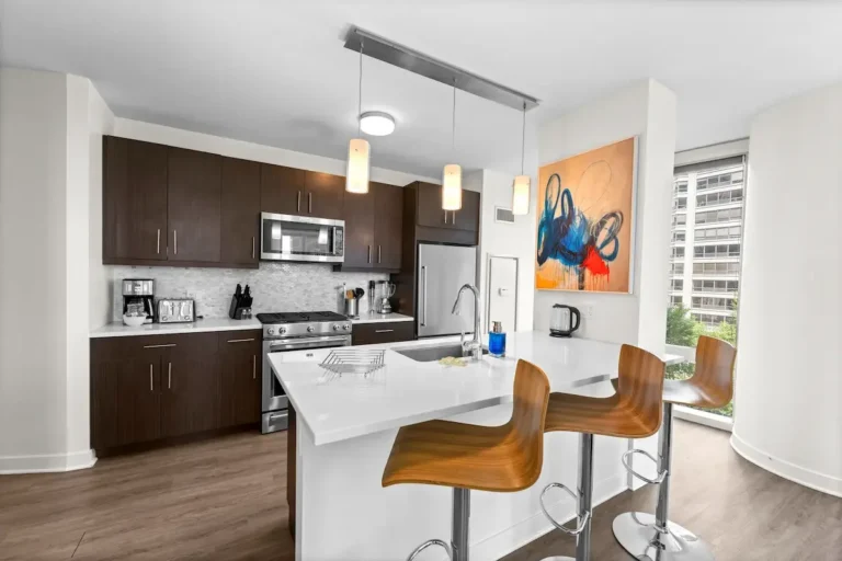 Luxury furnished high-rise apartment kitchen in downtown Chicago