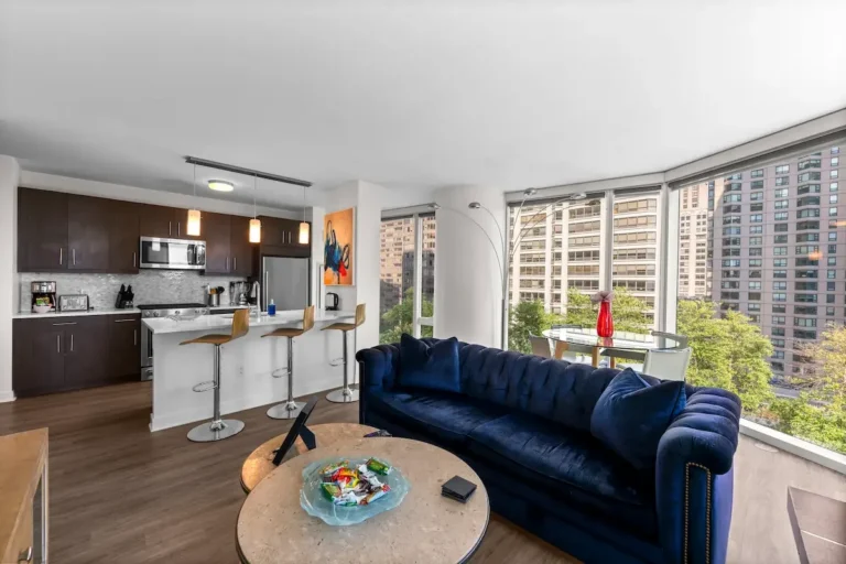 Spacious living room in a modern furnished Chicago apartment